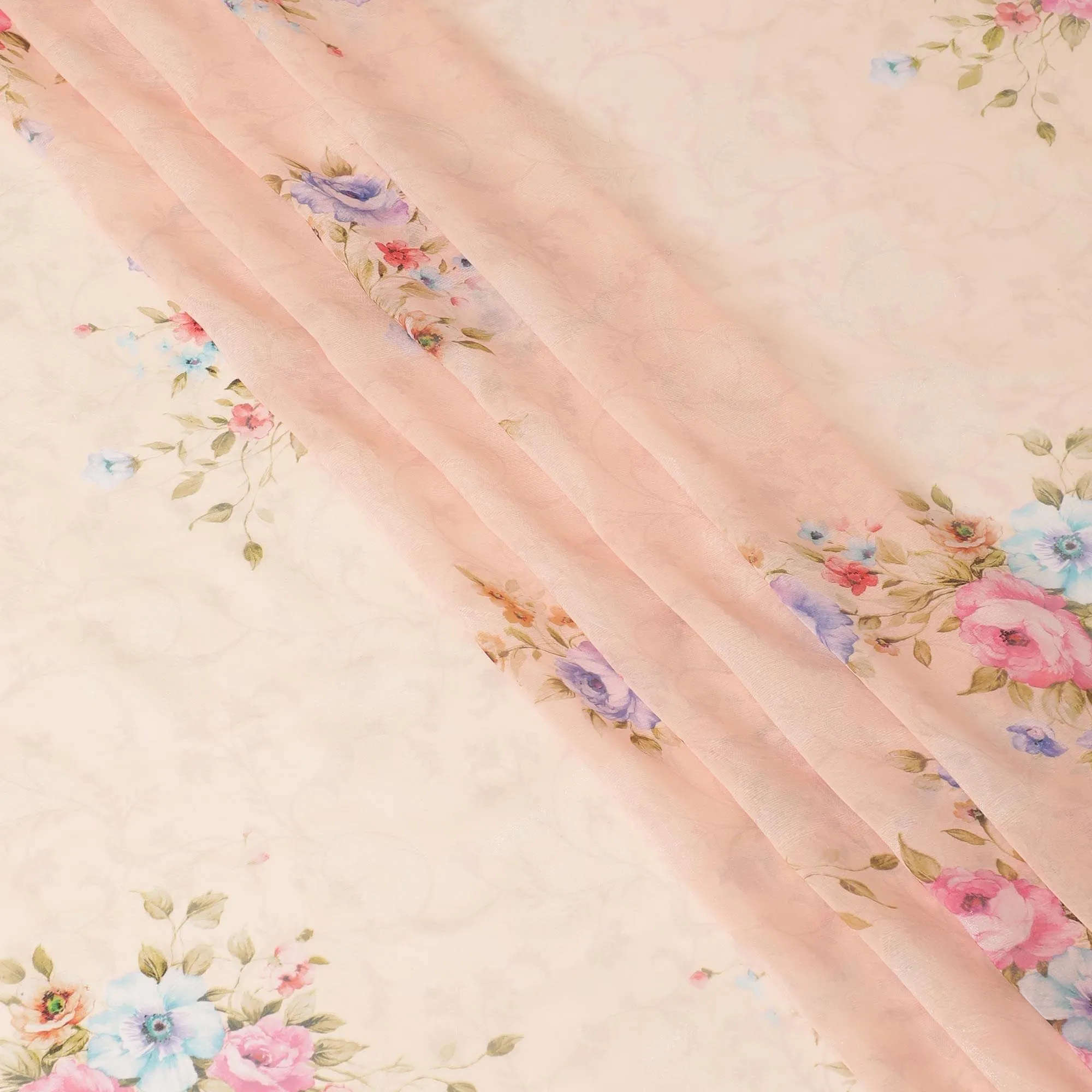 Salmon peach synthetic chiffon fabric with multicolor print having silver metallic lurex in floral design-D9747