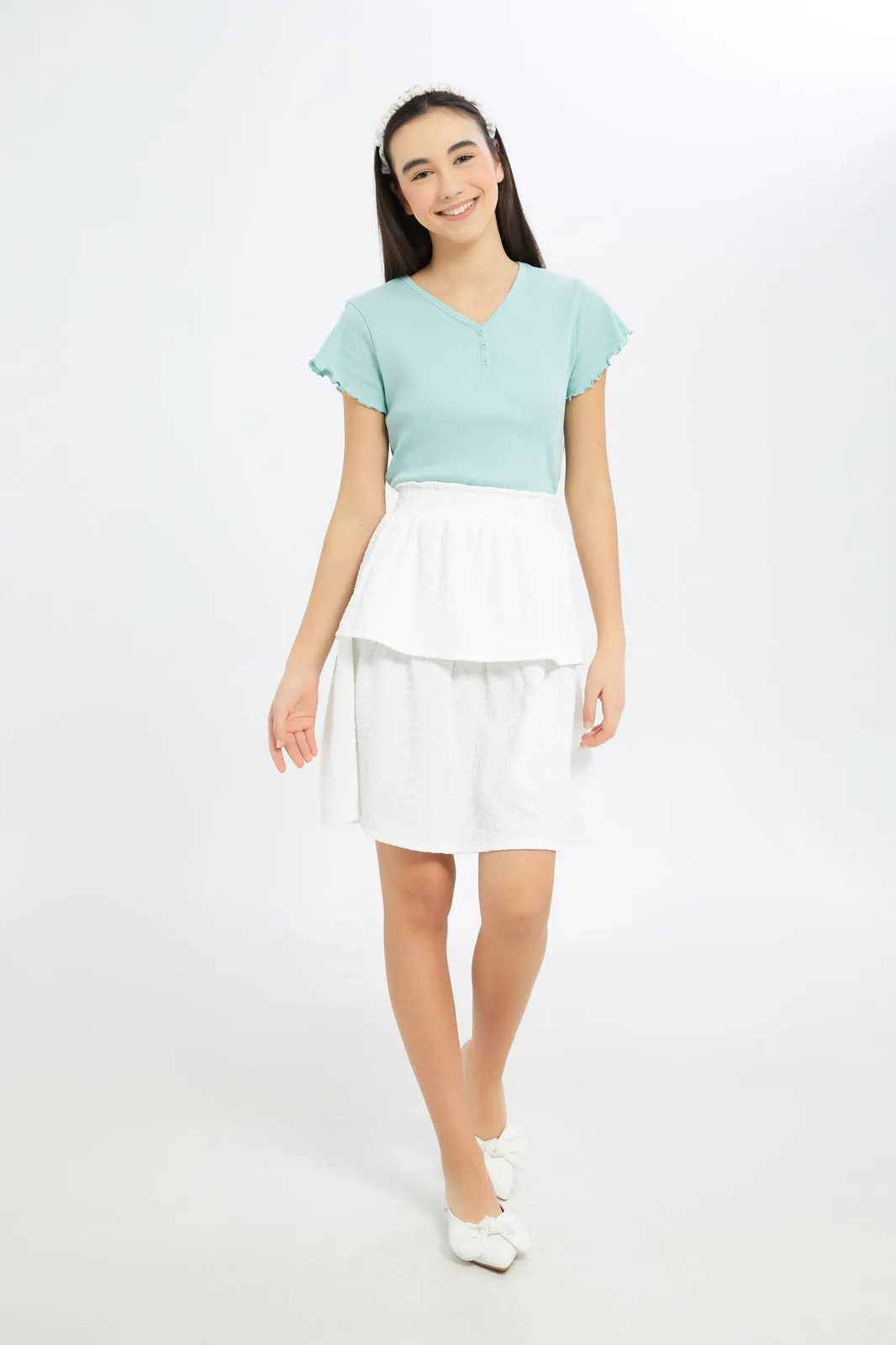 Senior Girls White Layered Jacquard Skirt