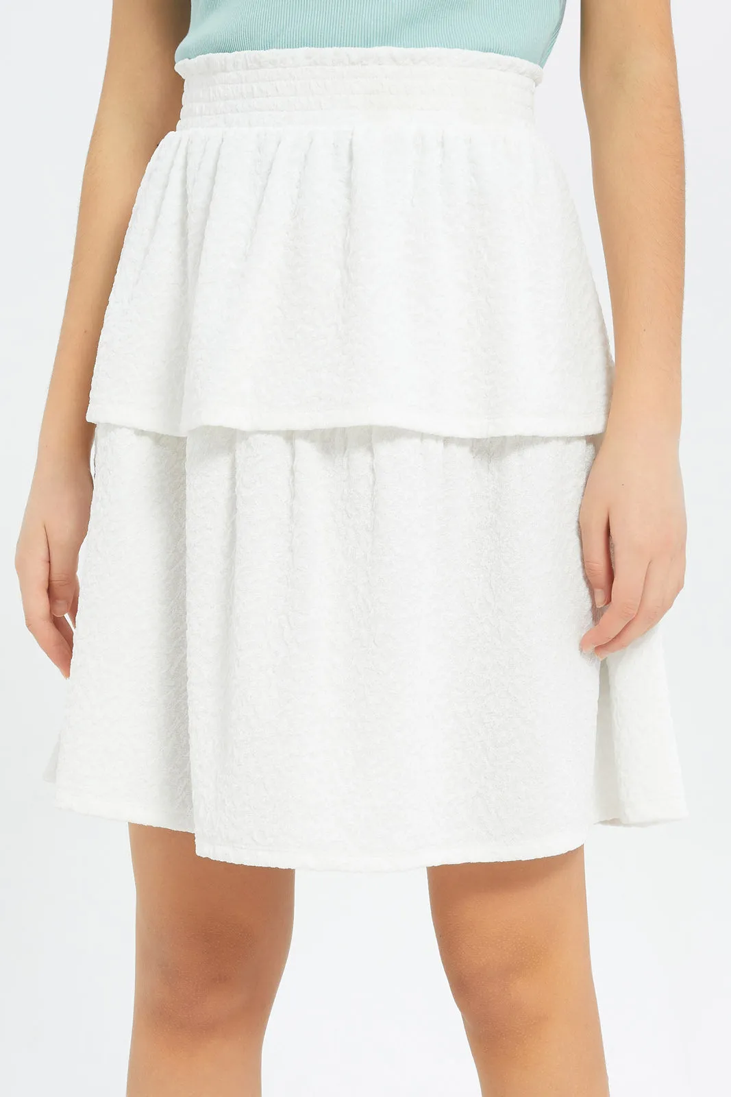 Senior Girls White Layered Jacquard Skirt