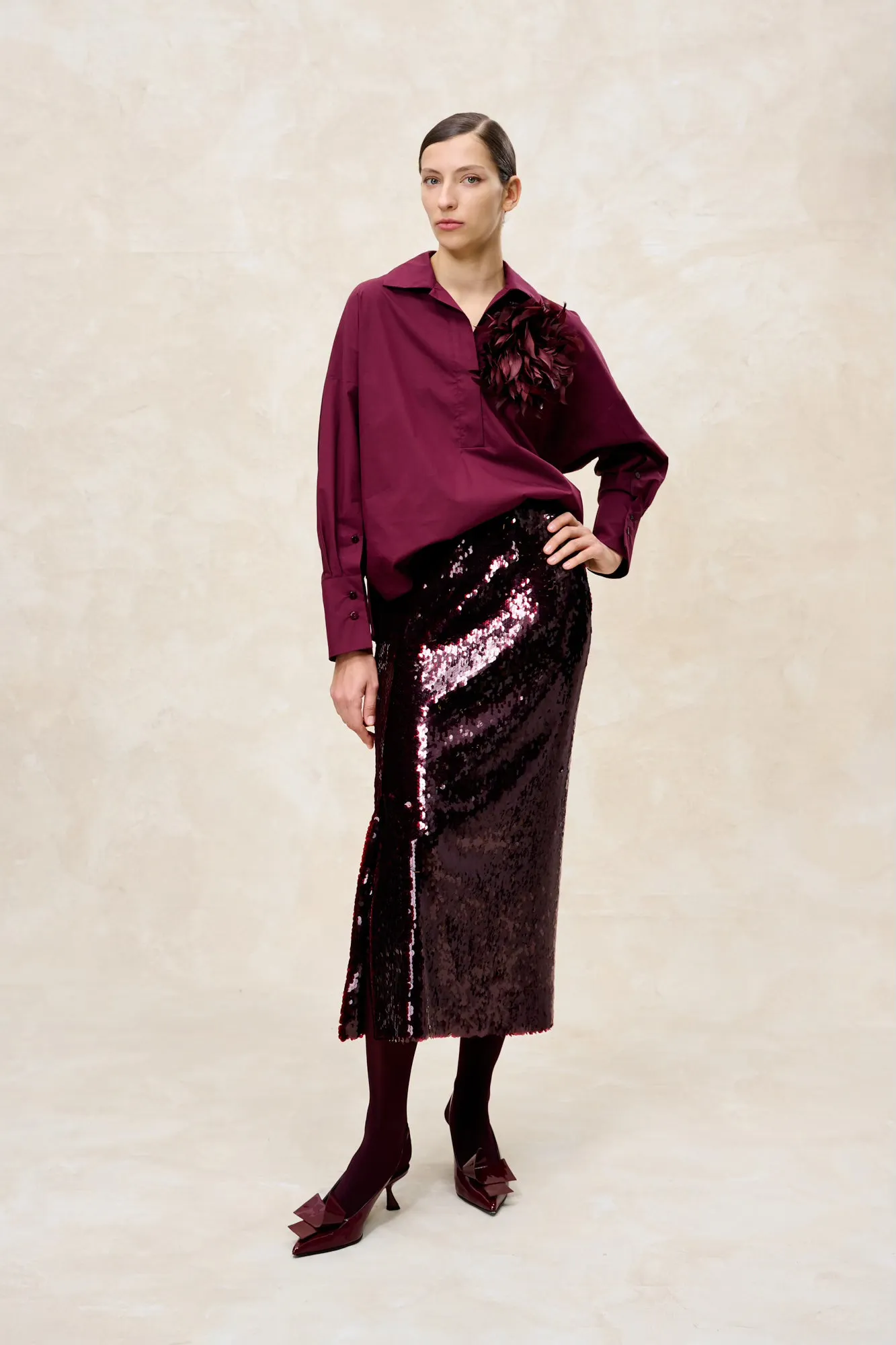 Sequins Midi Skirt - Burgundy