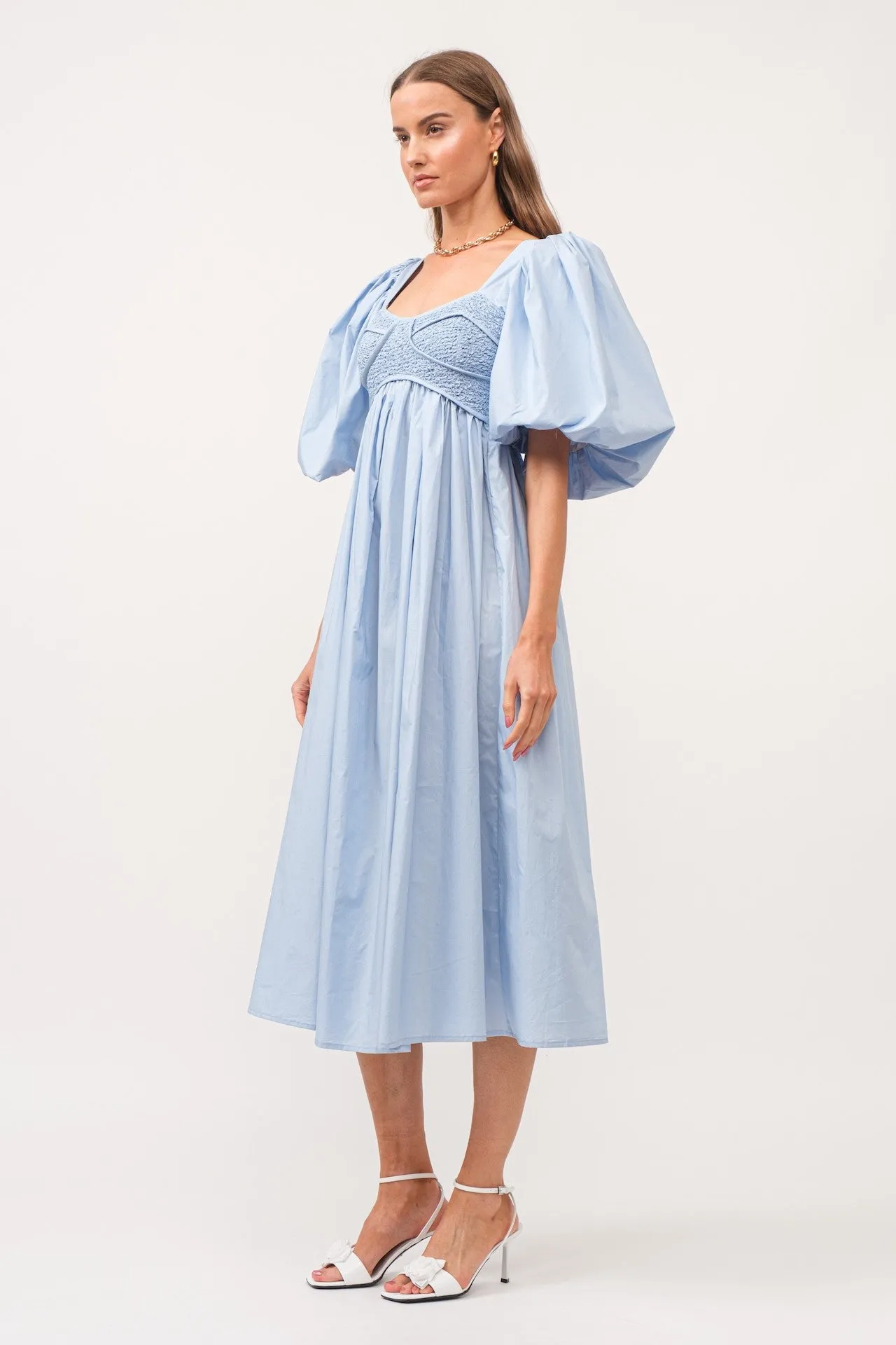 Sky Blue Puff Sleeve Poplin Midi Dress