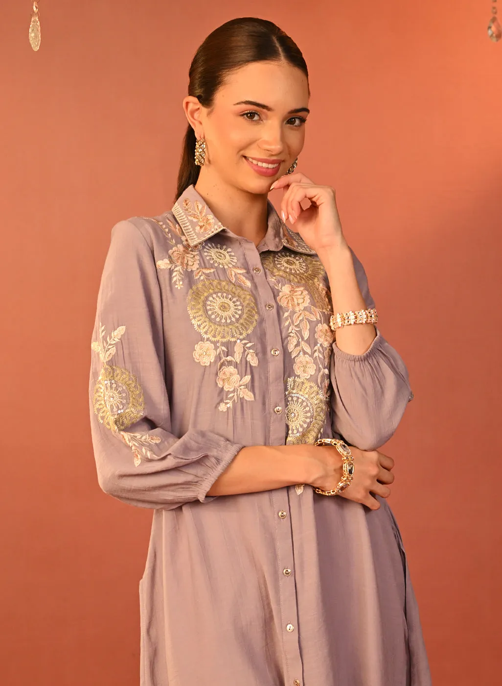 Soha Lavender Embroidered Cotton Linen Tunic for Women