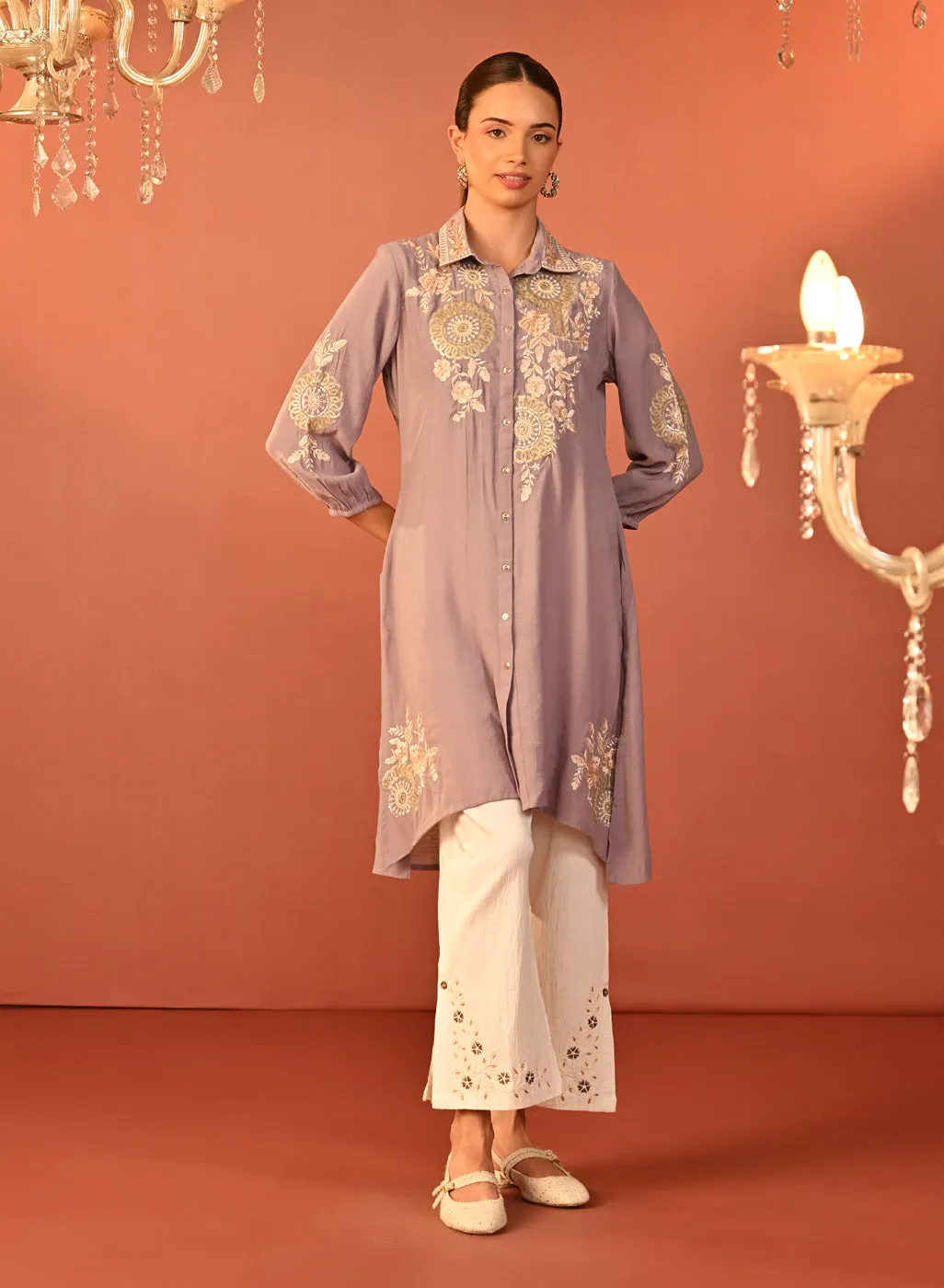 Soha Lavender Embroidered Cotton Linen Tunic for Women