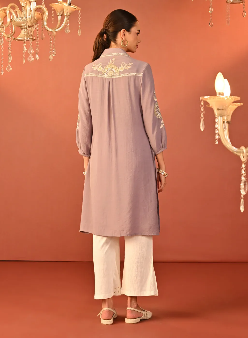 Soha Lavender Embroidered Cotton Linen Tunic for Women