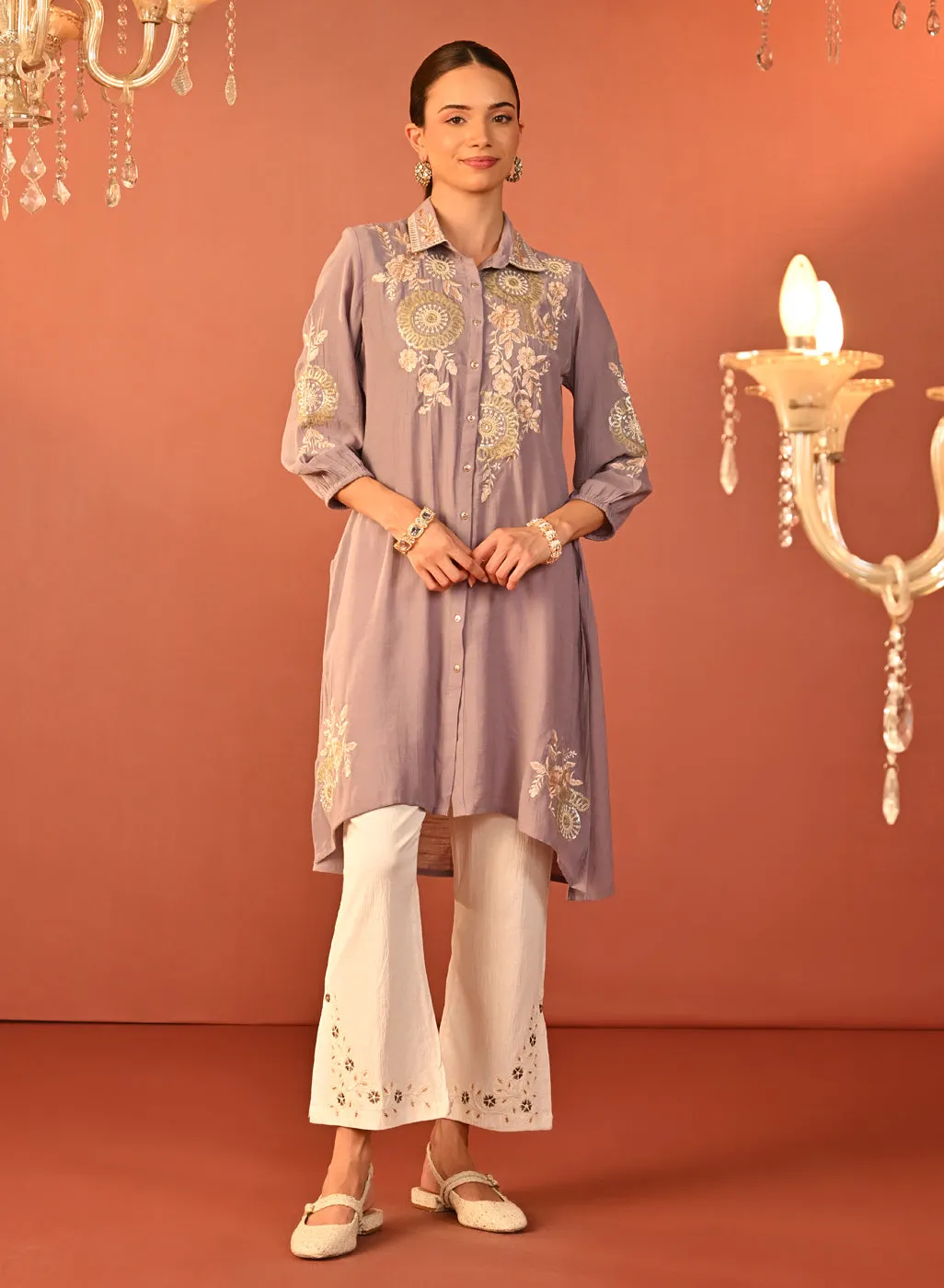 Soha Lavender Embroidered Cotton Linen Tunic for Women