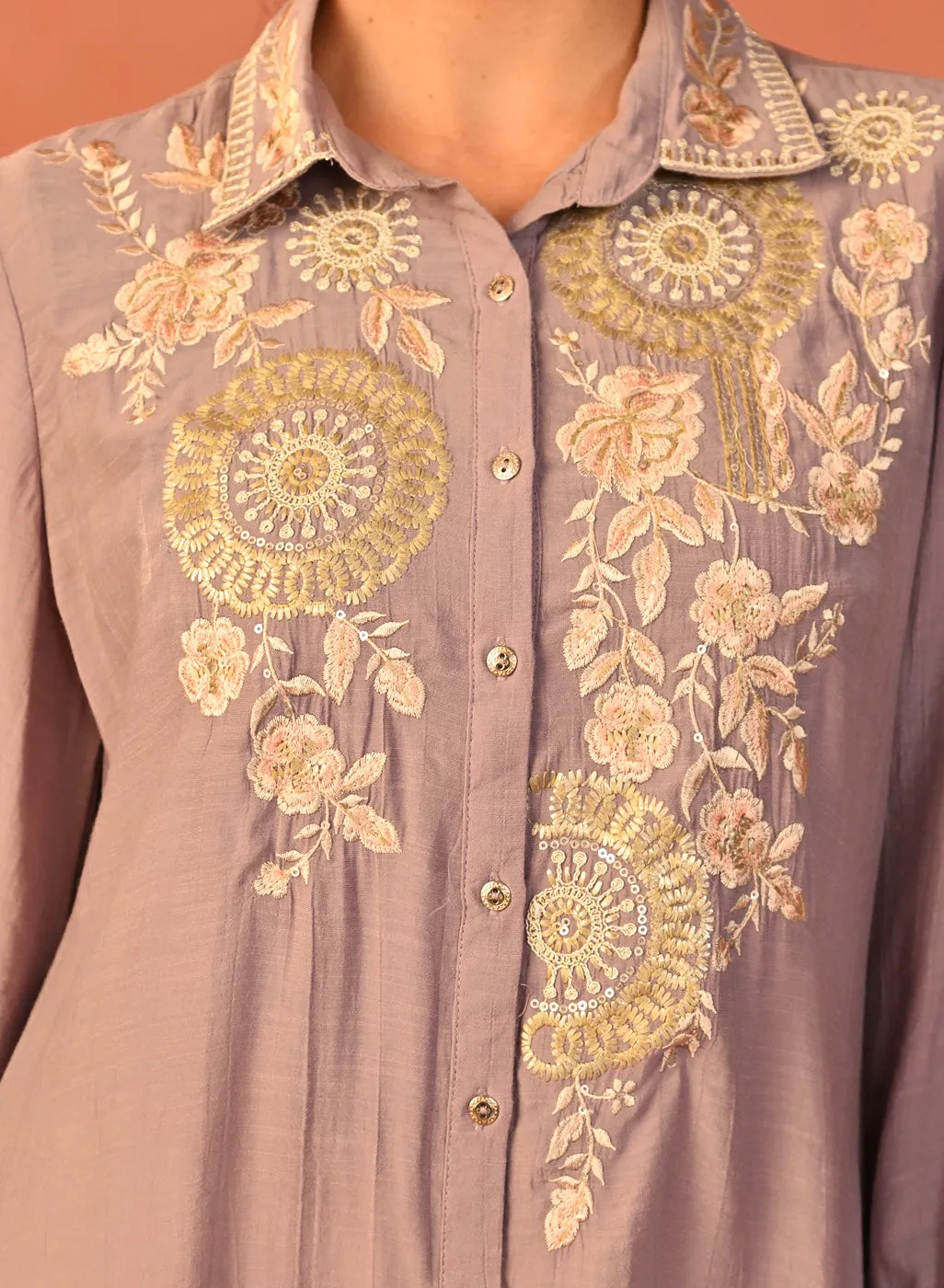 Soha Lavender Embroidered Cotton Linen Tunic for Women