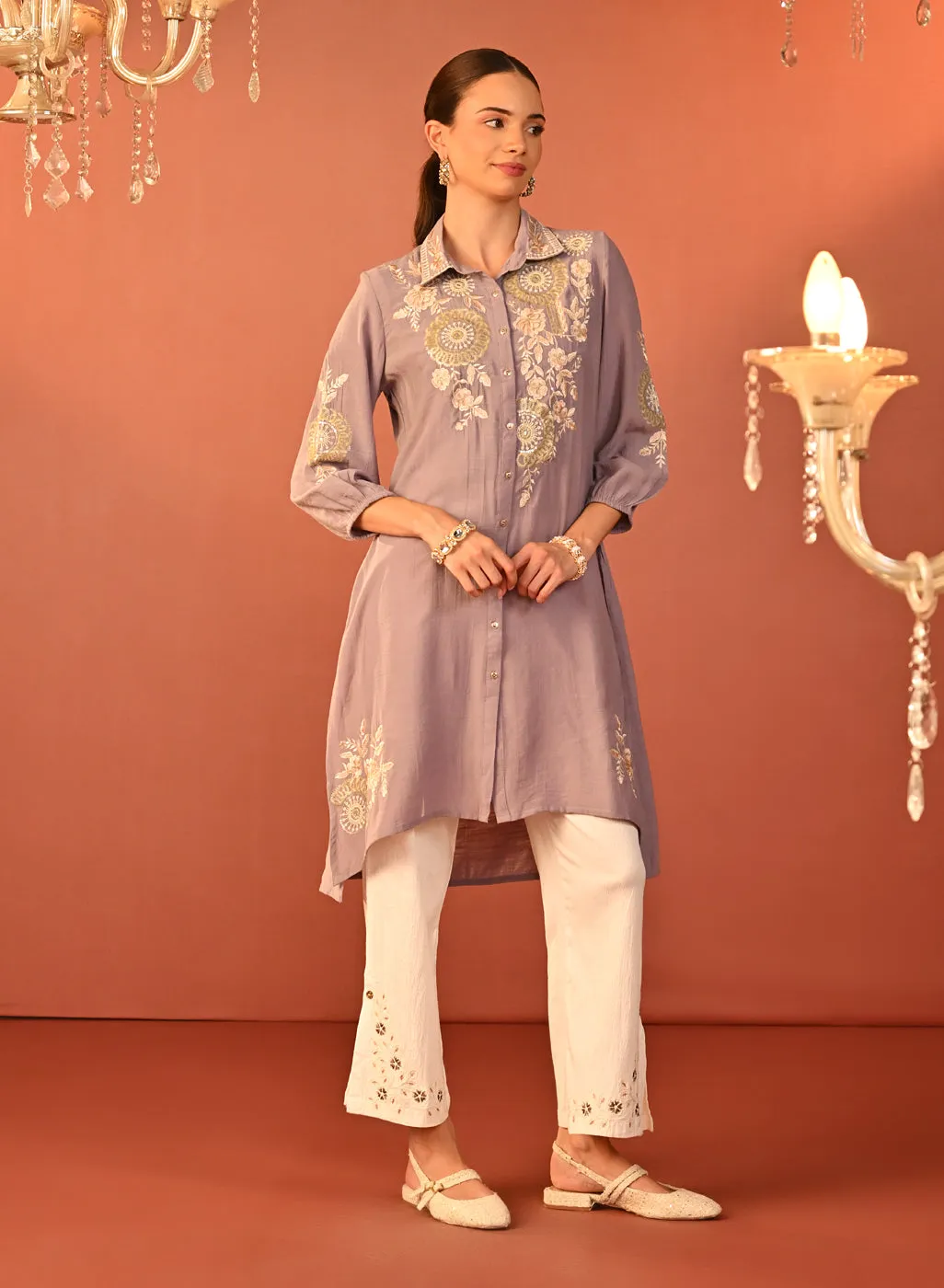 Soha Lavender Embroidered Cotton Linen Tunic for Women