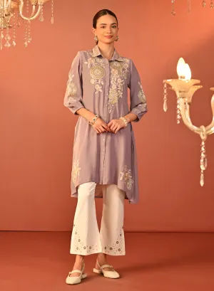 Soha Lavender Embroidered Cotton Linen Tunic for Women