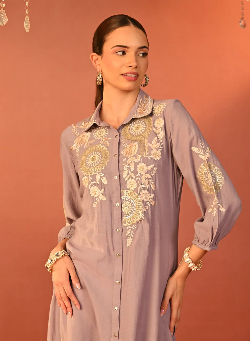 Soha Lavender Embroidered Cotton Linen Tunic for Women