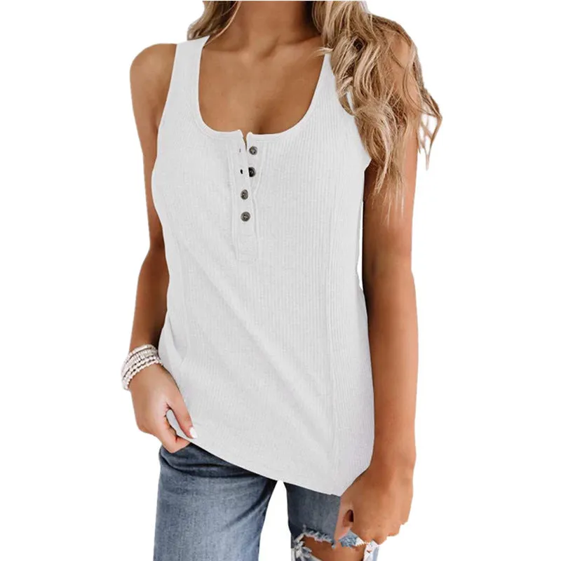 Solid Color Button Sleeveless Tank Top T Shirt Women