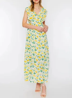 Sorrento Floral Ruffle Sleeve Tiered Dress in Lemon