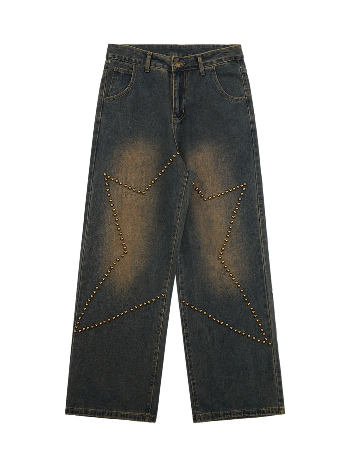 Star Rivet Design Washed Baggy Jeans