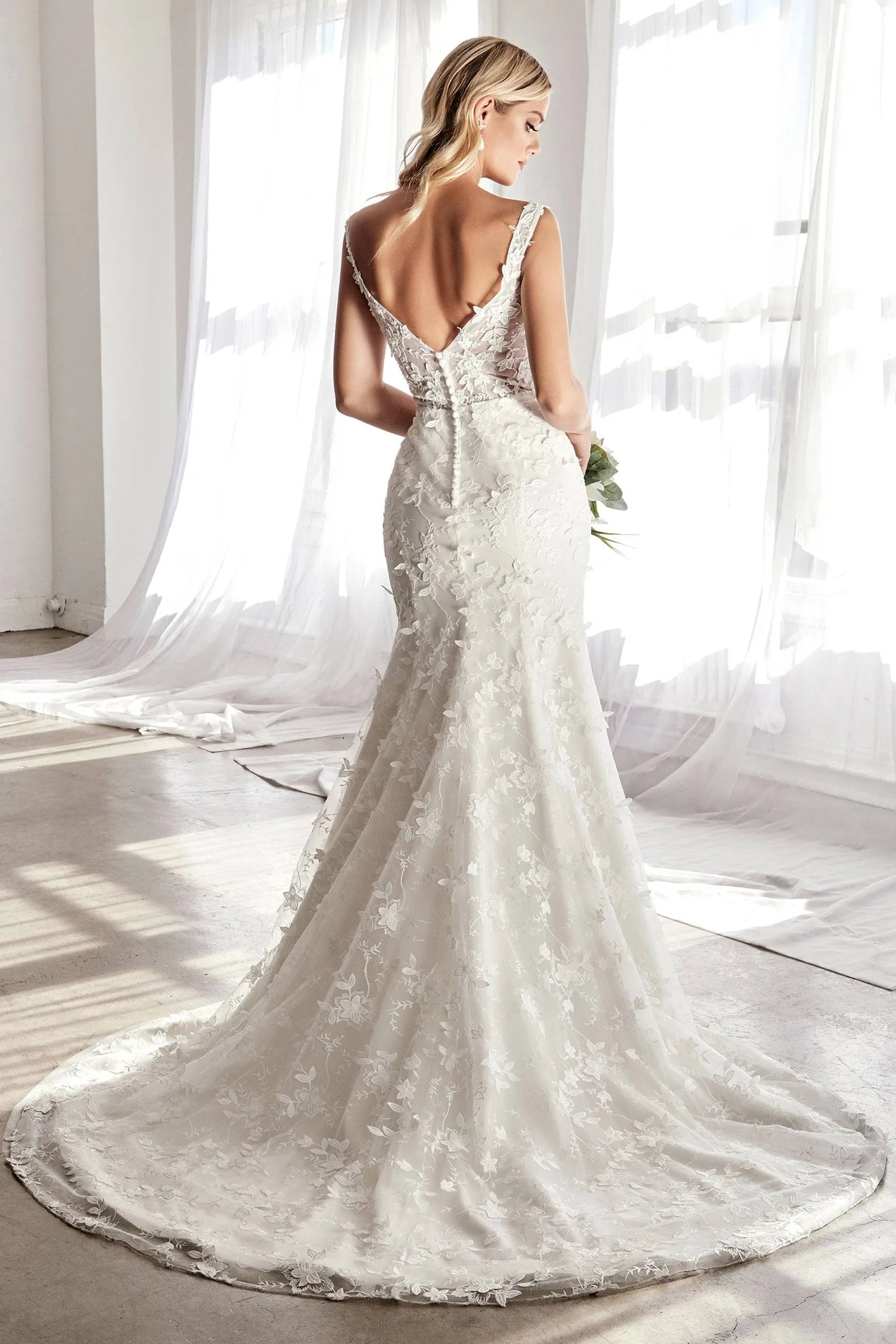 Stunning Wedding Gown with Deep Neckline and Floral Accents #CDTY01