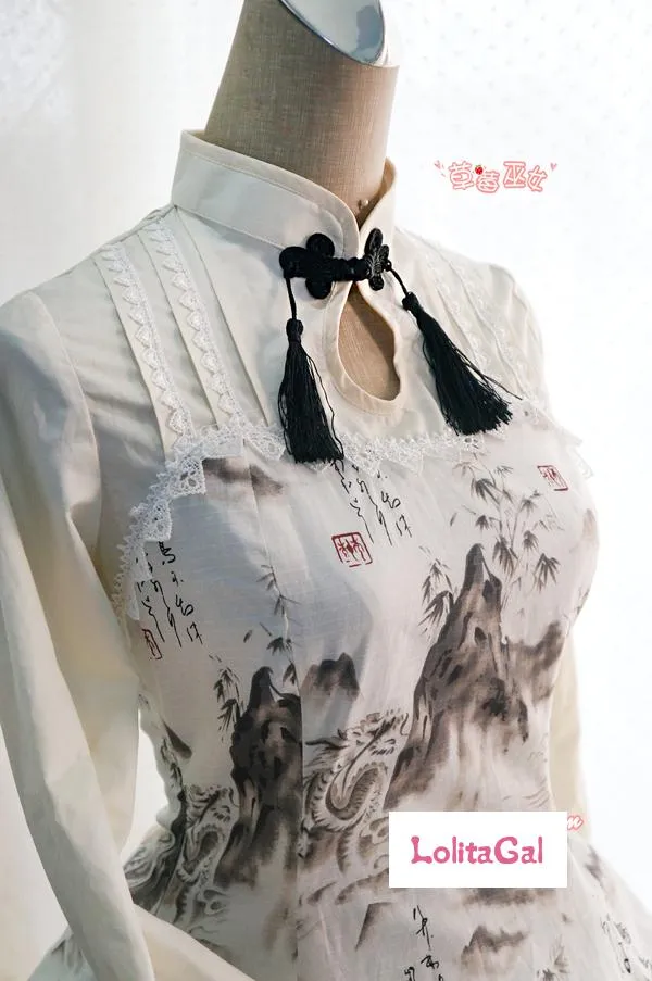 Sweet Chinese Style Dragon and Landscape Keyhole Neck Ink Printed Long Sleeve Lolita Dress with Laceup Back