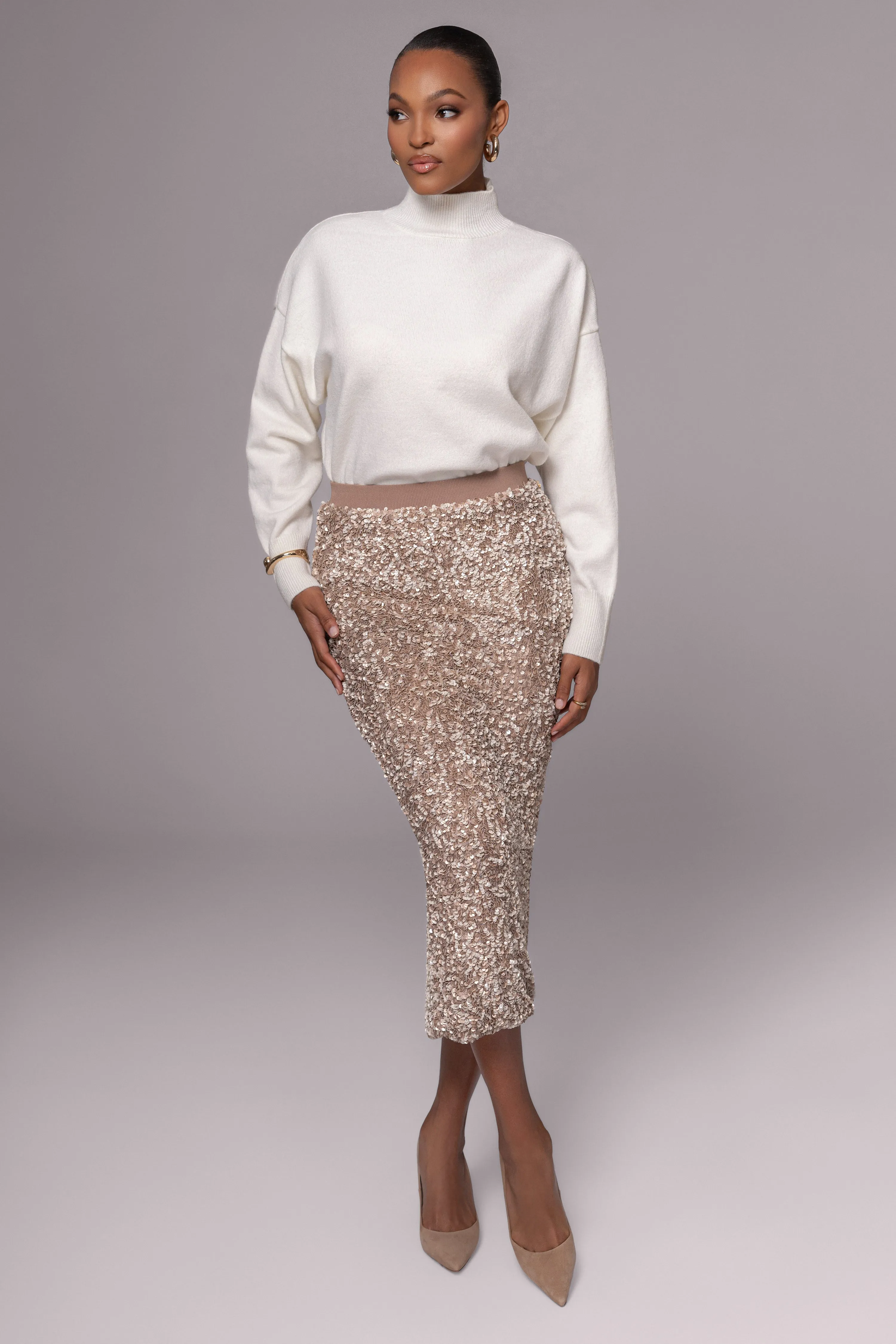 Taupe Sequin Midi Skirt