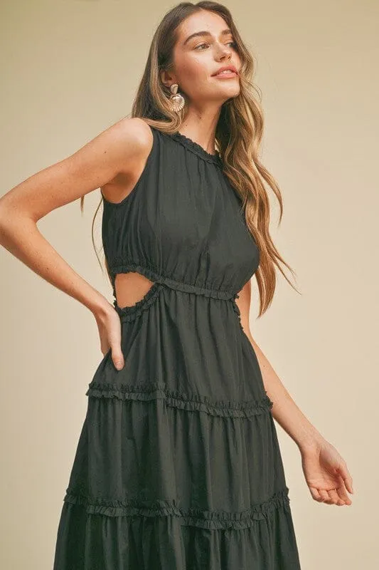 Tiered Ruffle Midi Dress - Black