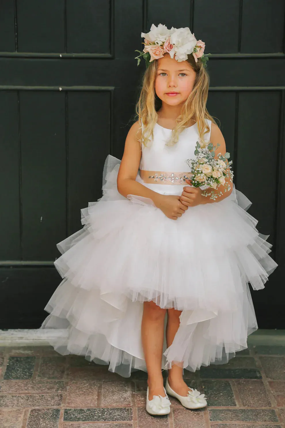 Tip Top 5658 Size 12 Black Girls Layered Tulle High Low Skirt Formal Dress Satin Formal Gown Flower Girl