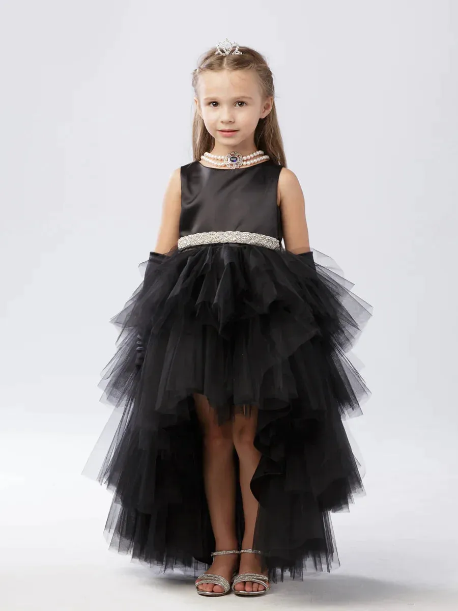 Tip Top 5658 Size 12 Black Girls Layered Tulle High Low Skirt Formal Dress Satin Formal Gown Flower Girl