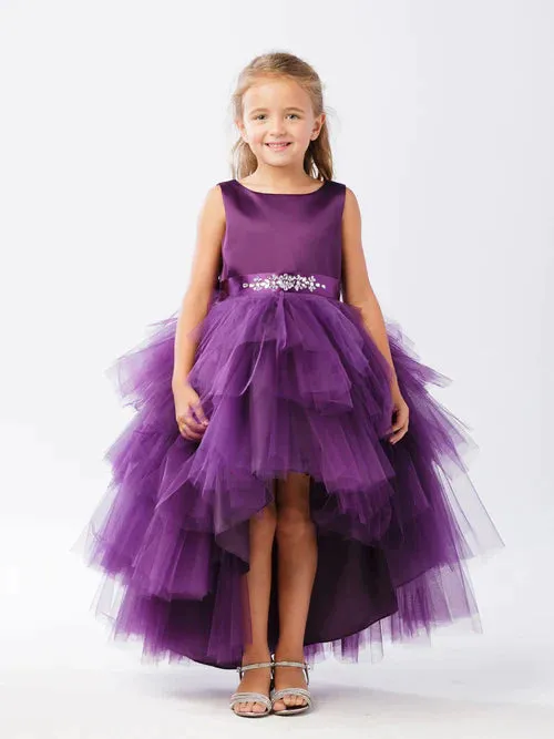 Tip Top 5658 Size 12 Black Girls Layered Tulle High Low Skirt Formal Dress Satin Formal Gown Flower Girl