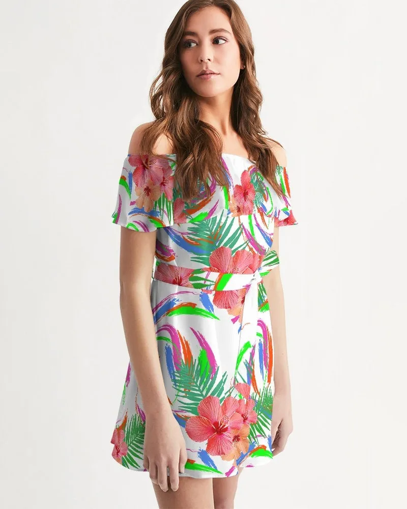 Tropical Hibiscus Off Shoulder Dress