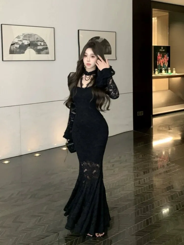 V-neck long-sleeved dress long sleeves mermaid long lace party dress     S5908