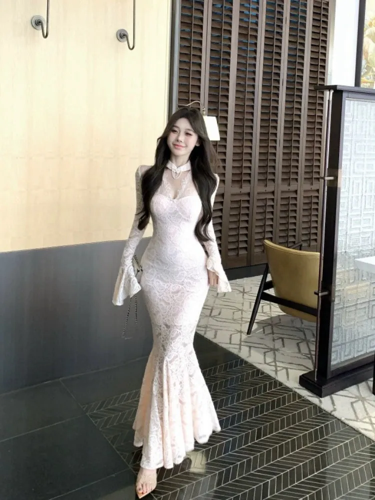 V-neck long-sleeved dress long sleeves mermaid long lace party dress     S5908