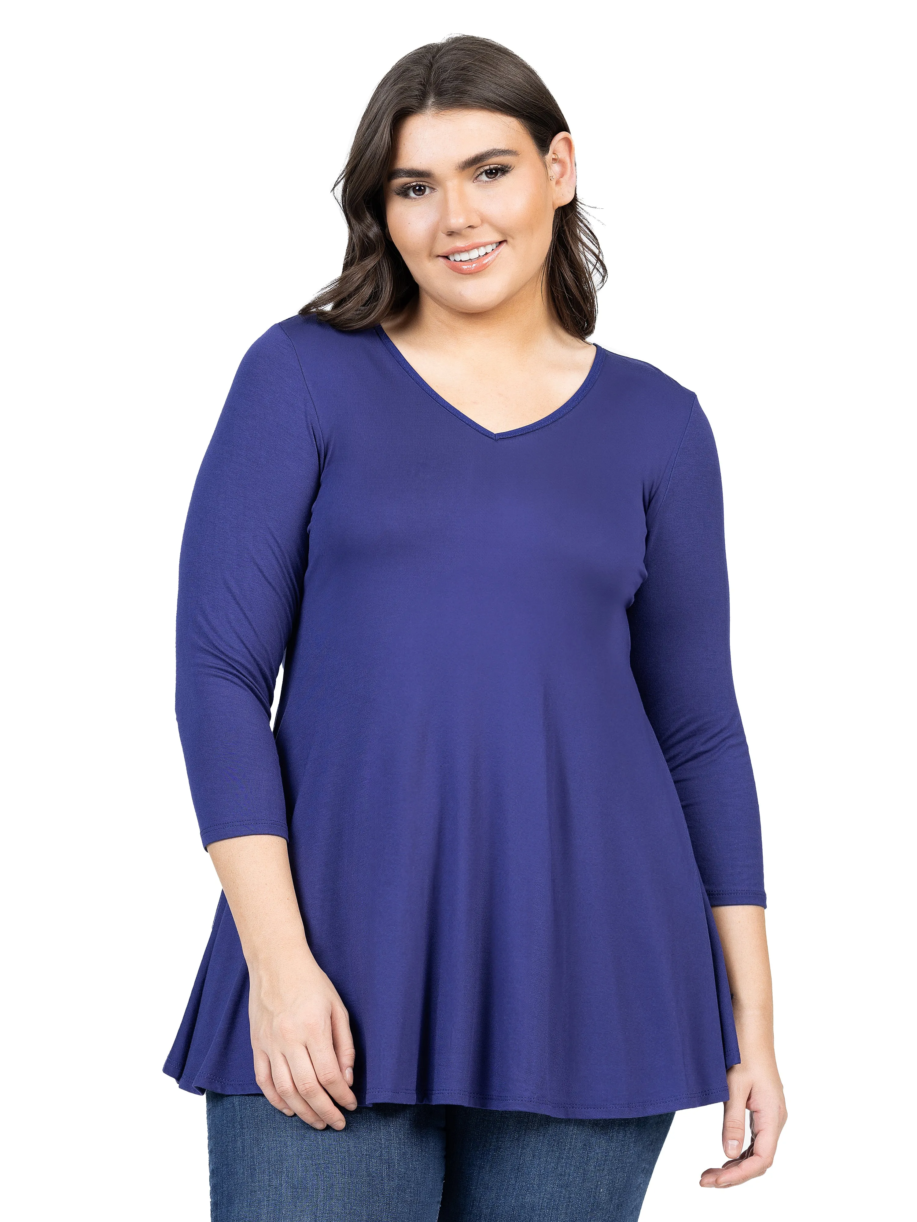 V-Neck Plus Size Three Quarter Sleeve Tunic Top For Women