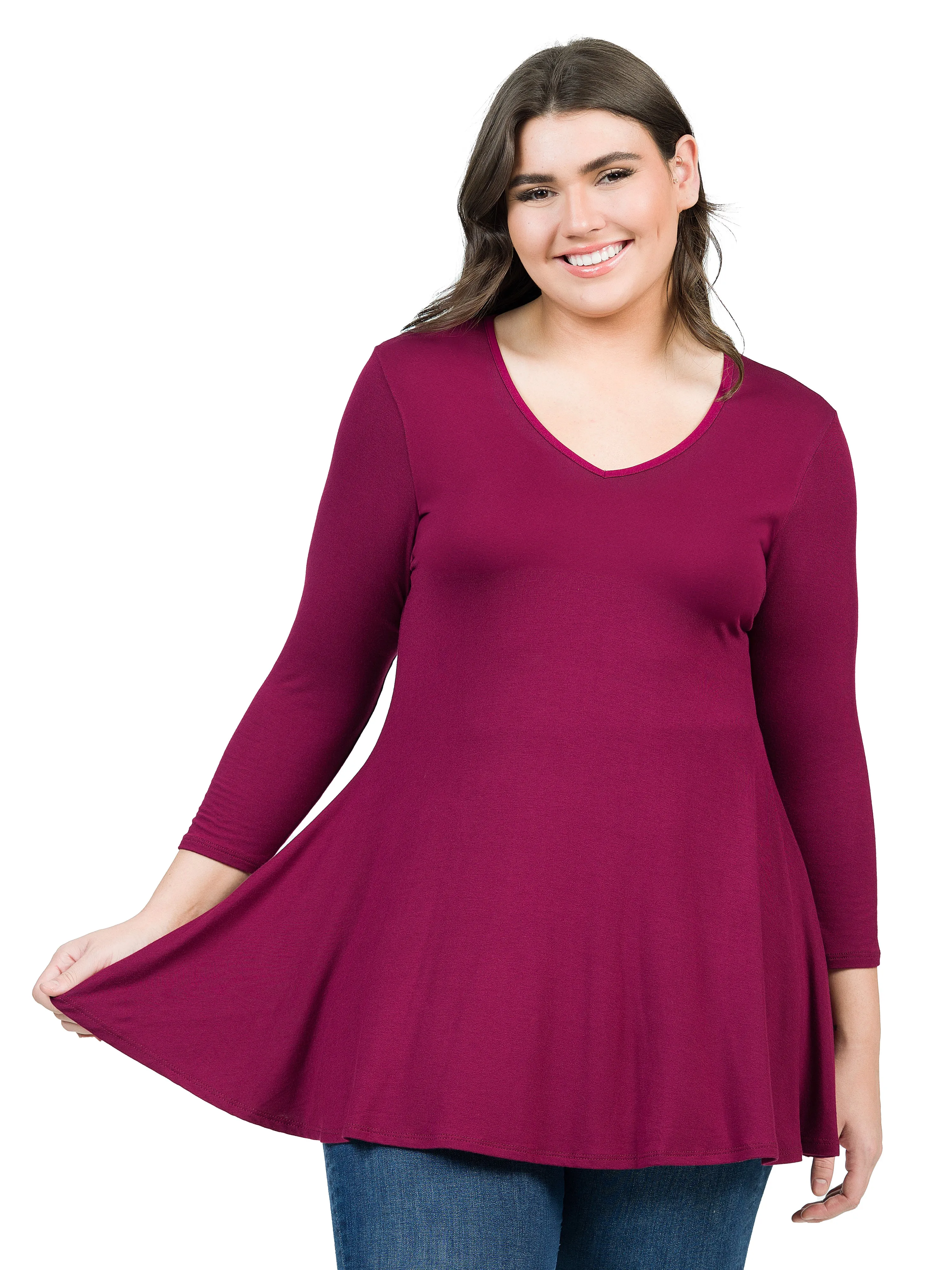 V-Neck Plus Size Three Quarter Sleeve Tunic Top For Women