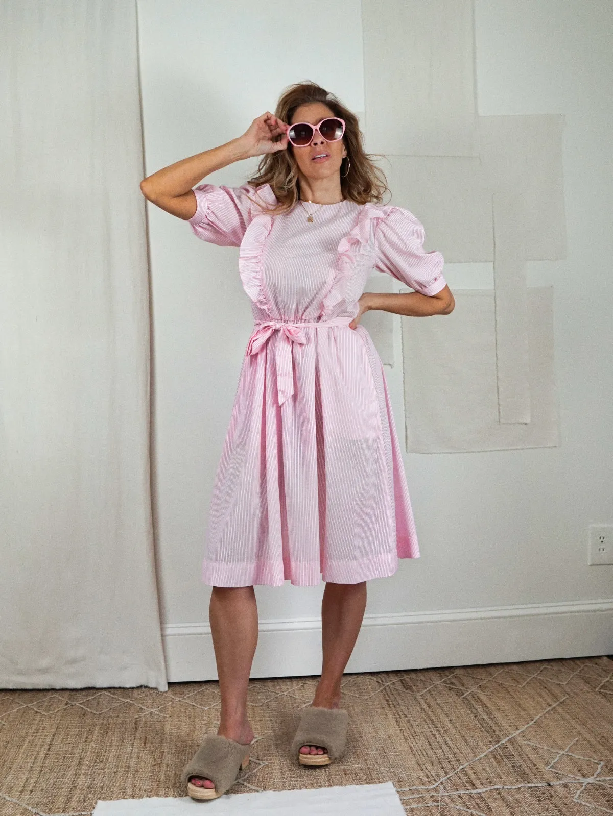 Vintage Pink Stripe Ruffle Dress