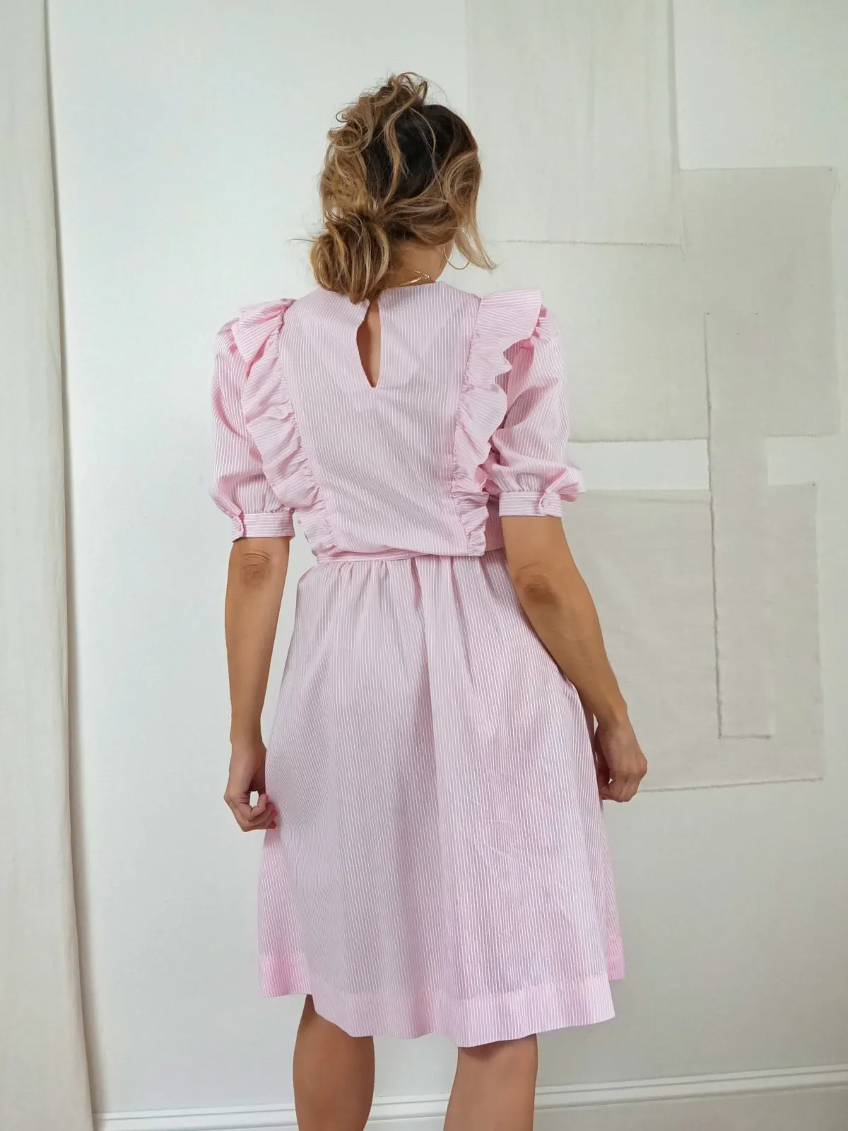 Vintage Pink Stripe Ruffle Dress