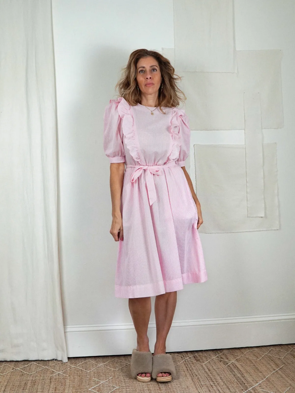 Vintage Pink Stripe Ruffle Dress