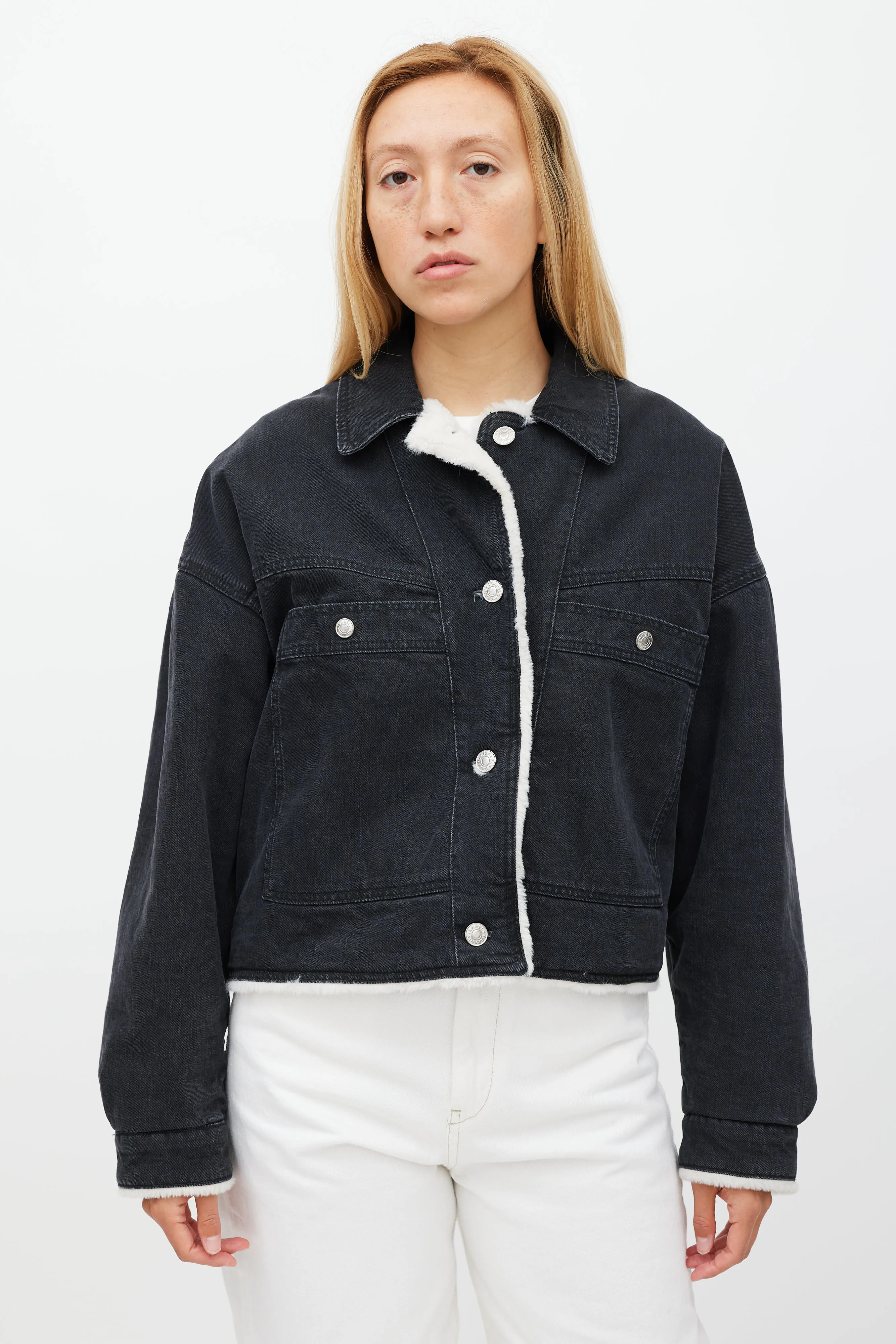 Washed Black Denim & Shearling Paoleta Jacket