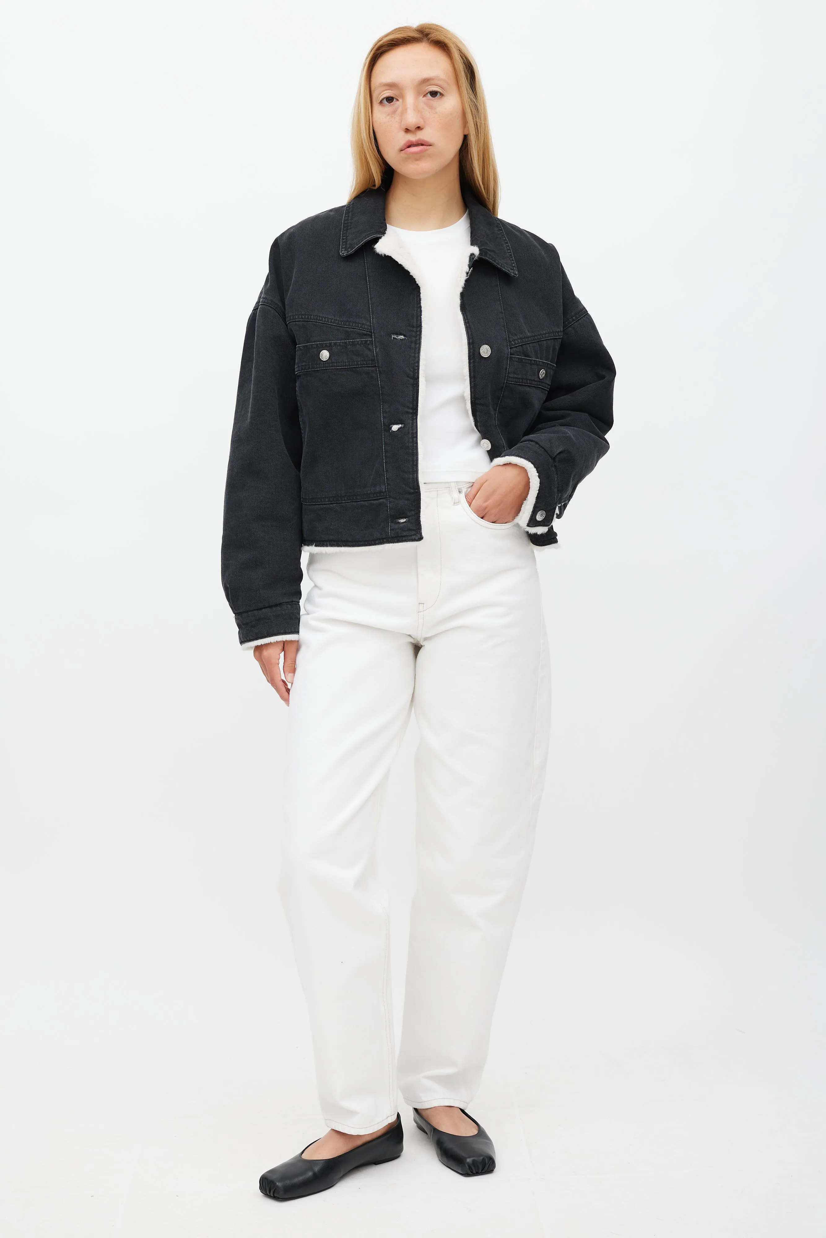 Washed Black Denim & Shearling Paoleta Jacket