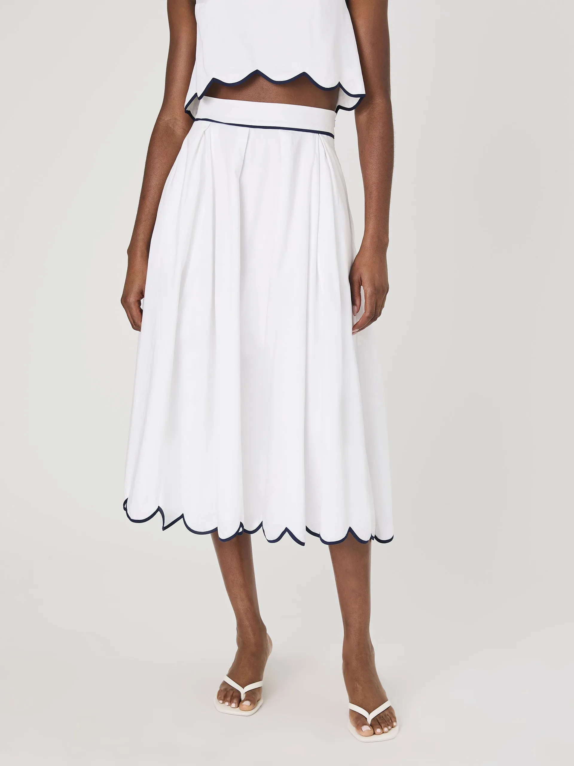 White Cotton Scallop Midi Skirt