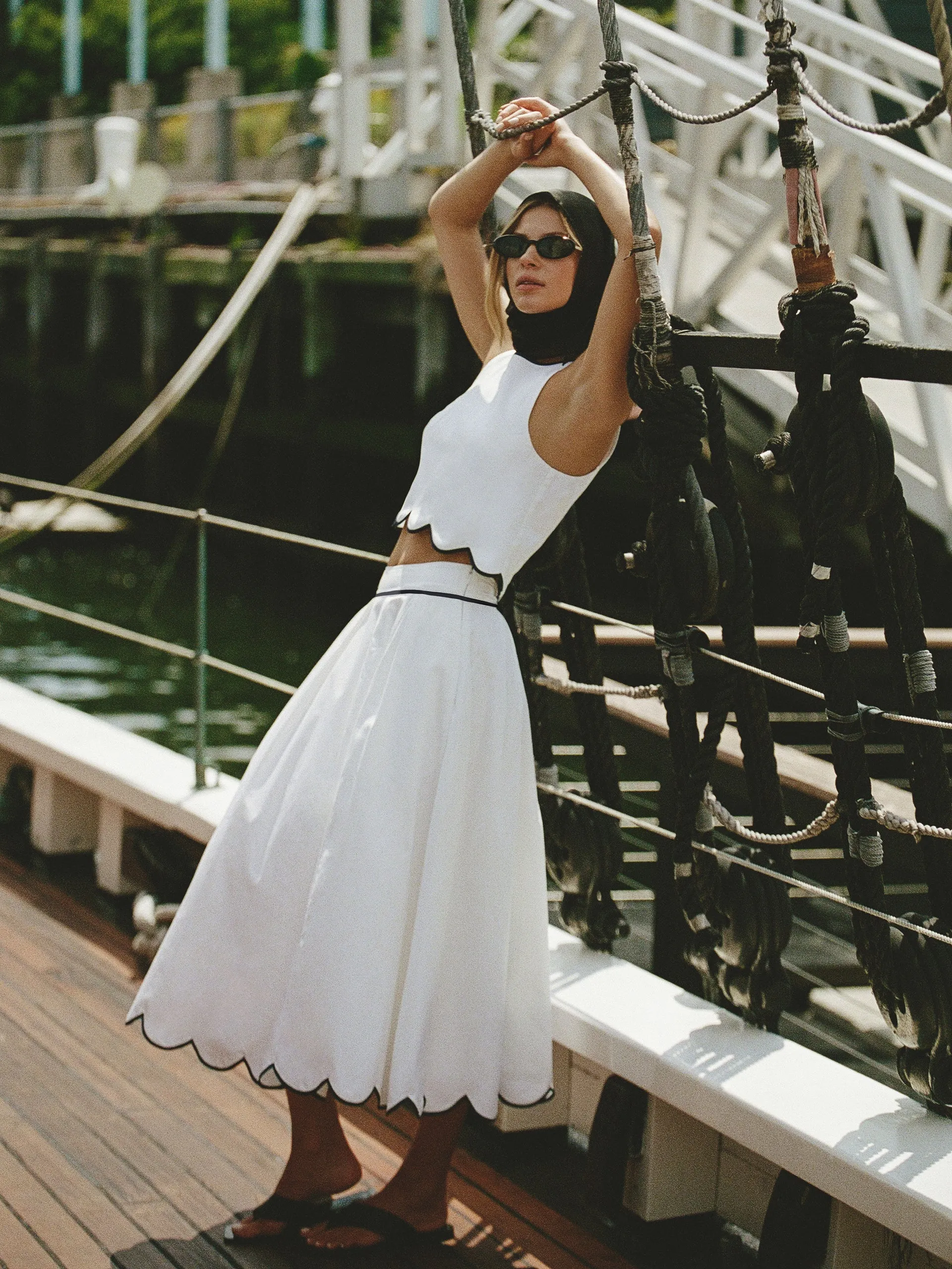 White Cotton Scallop Midi Skirt