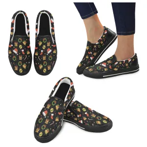 Women's Christmas Elements Print Big Size Canvas Slip On Shoes (Black)