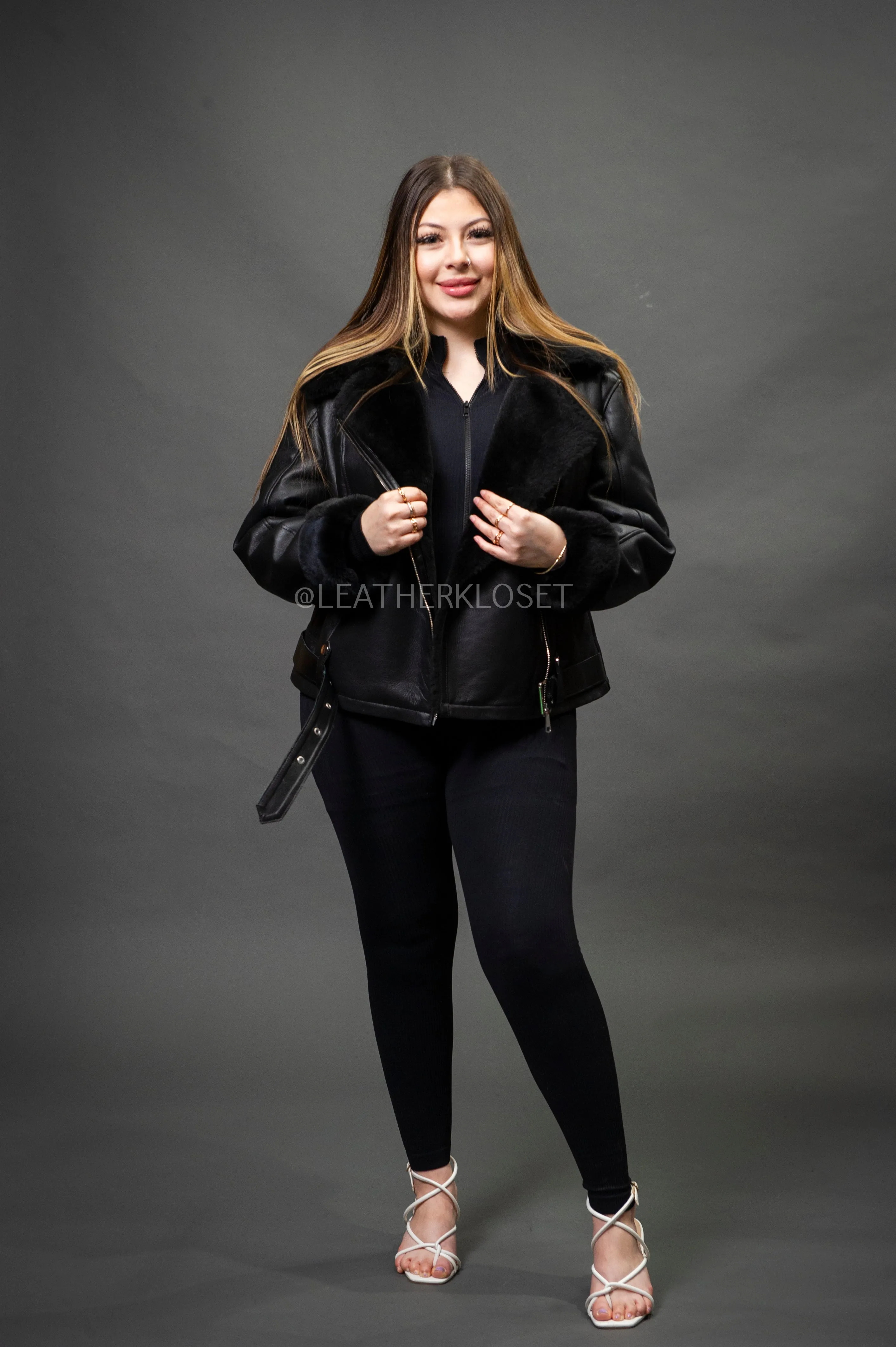 Women's Classic Sheepskin Biker Jacket [Black]