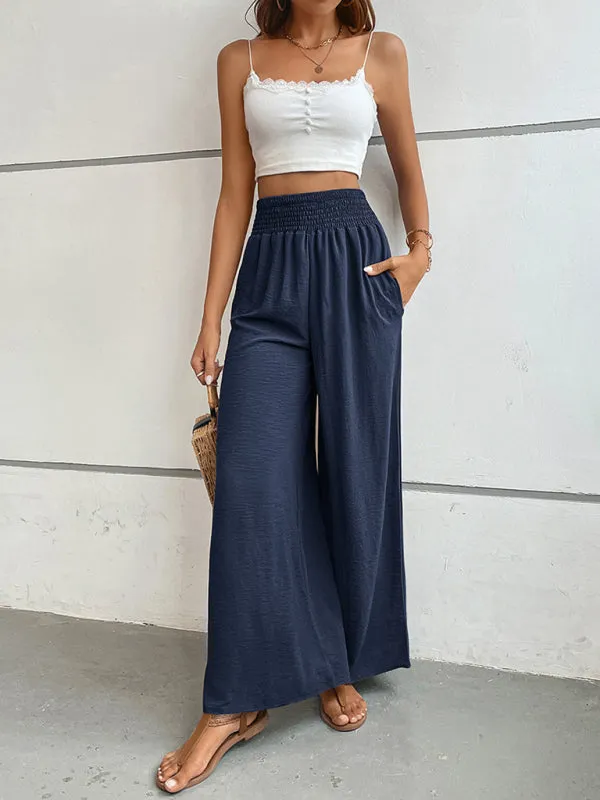 Women's Elasticated Waist Solid Colour Wide Leg Trousers