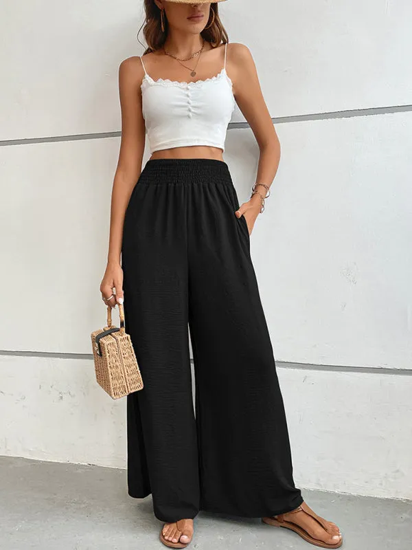 Women's Elasticated Waist Solid Colour Wide Leg Trousers