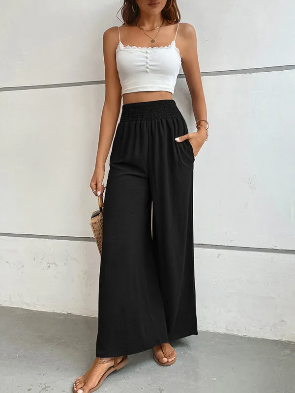 Women's Elasticated Waist Solid Colour Wide Leg Trousers