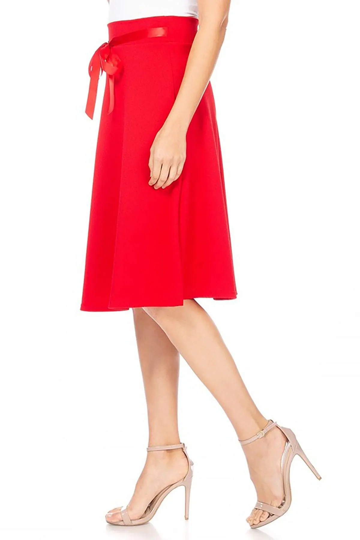 Women's Solid A-line Casual High Waist Bow Tie Belted A Line Midi Knee Length Skirts