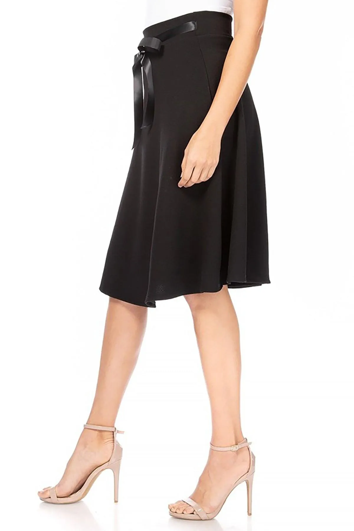 Women's Solid A-line Casual High Waist Bow Tie Belted A Line Midi Knee Length Skirts