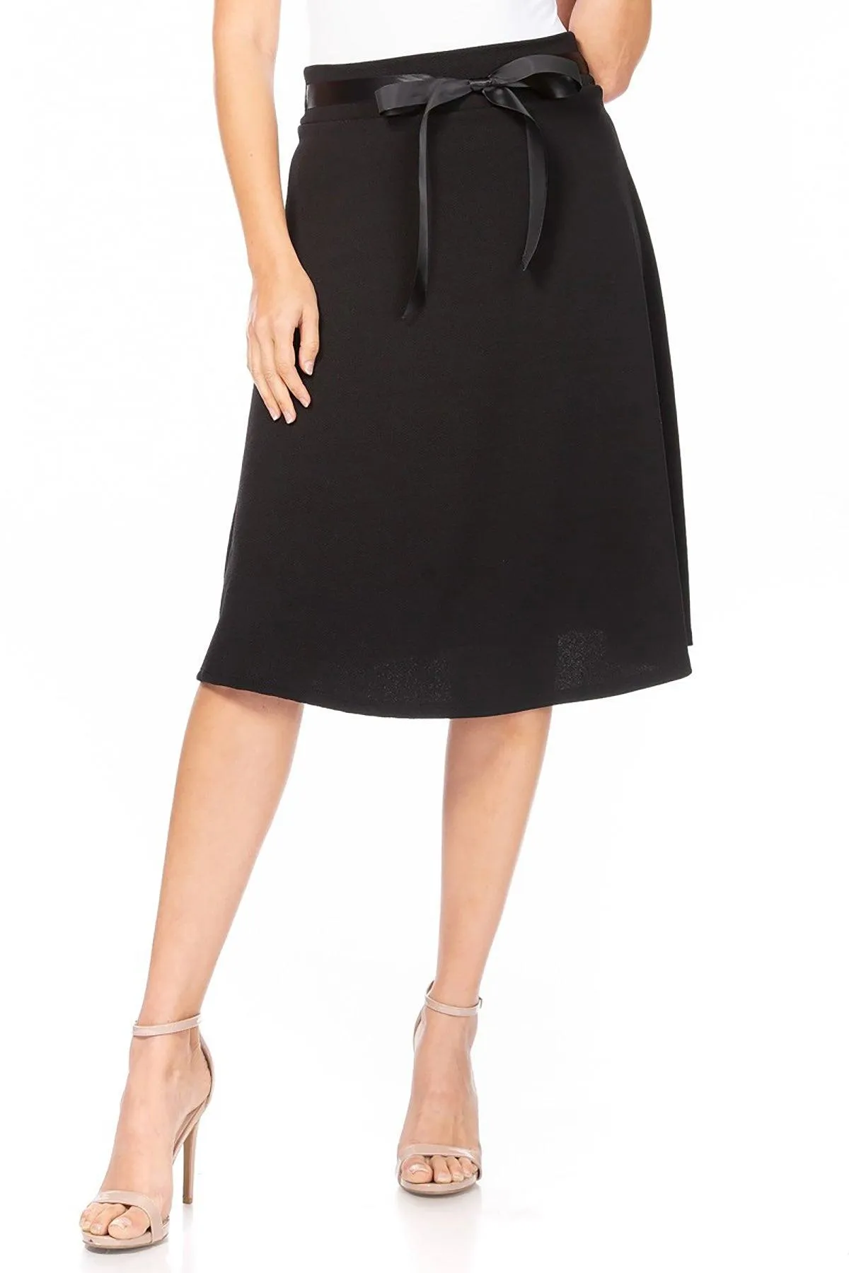 Women's Solid A-line Casual High Waist Bow Tie Belted A Line Midi Knee Length Skirts